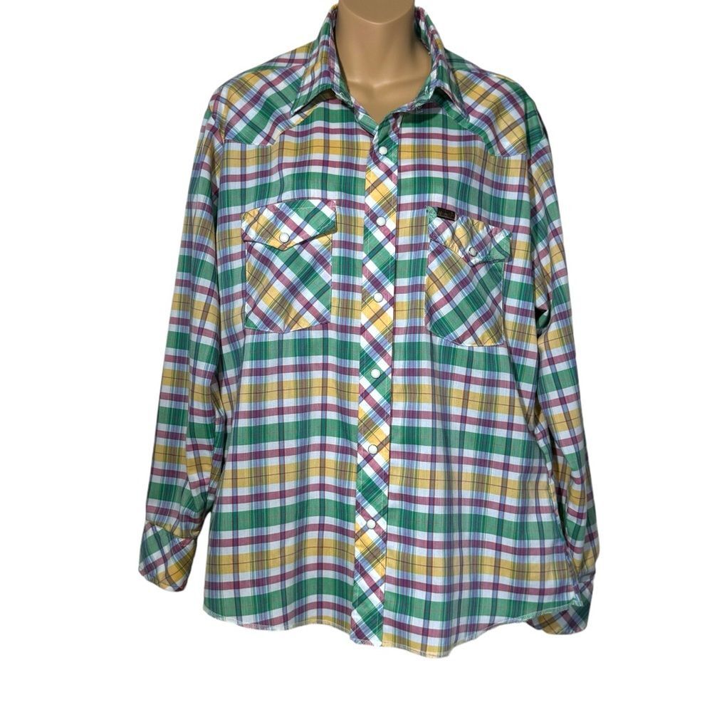VTG Wrangler Shirt Womens Large USA Long Sleeve Pearl Snap Western Plaid Ranch